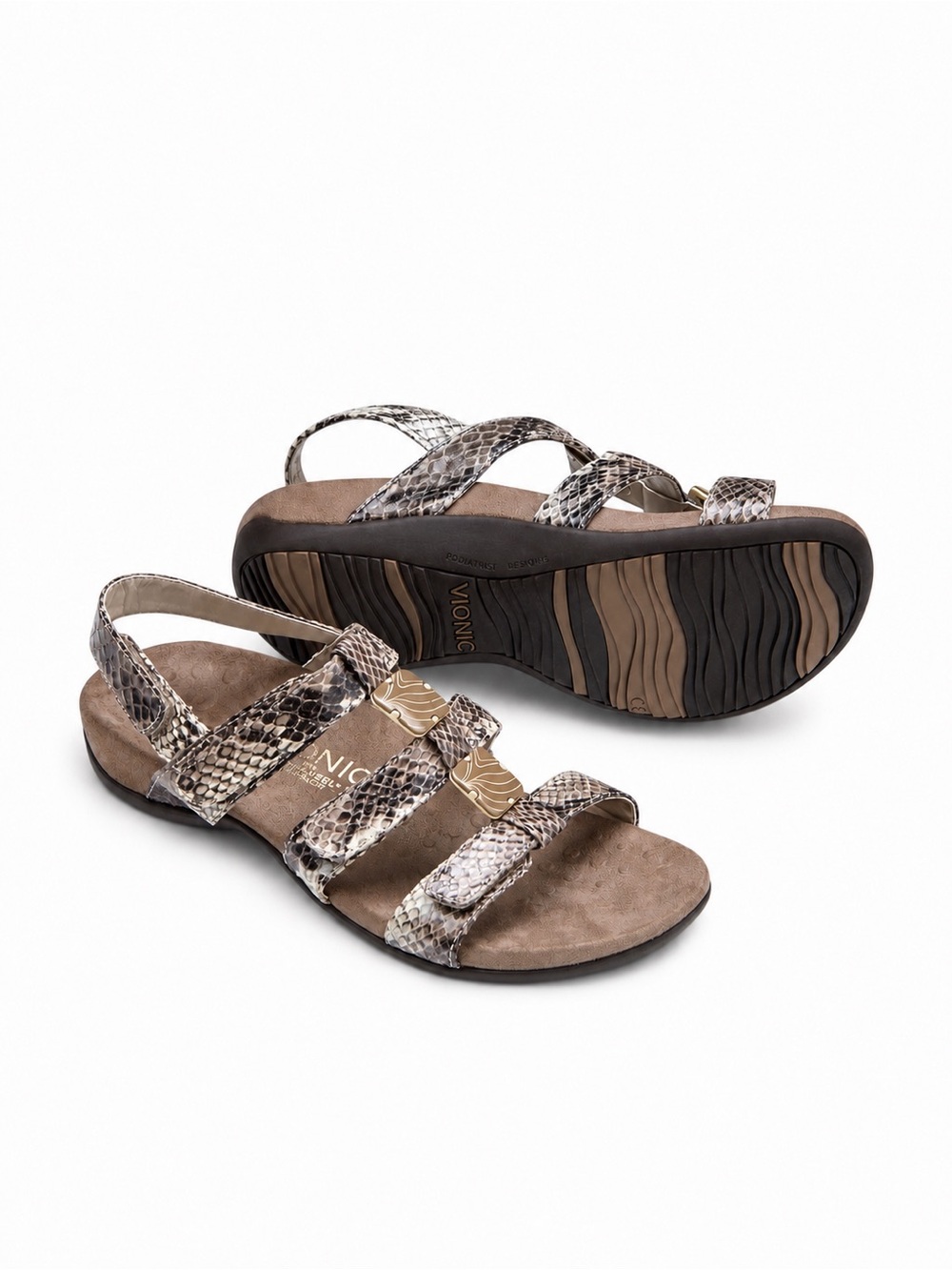 Vionic Amber women's orthaheel brown snake embossed print sandals Sz 6/6.5 GUC